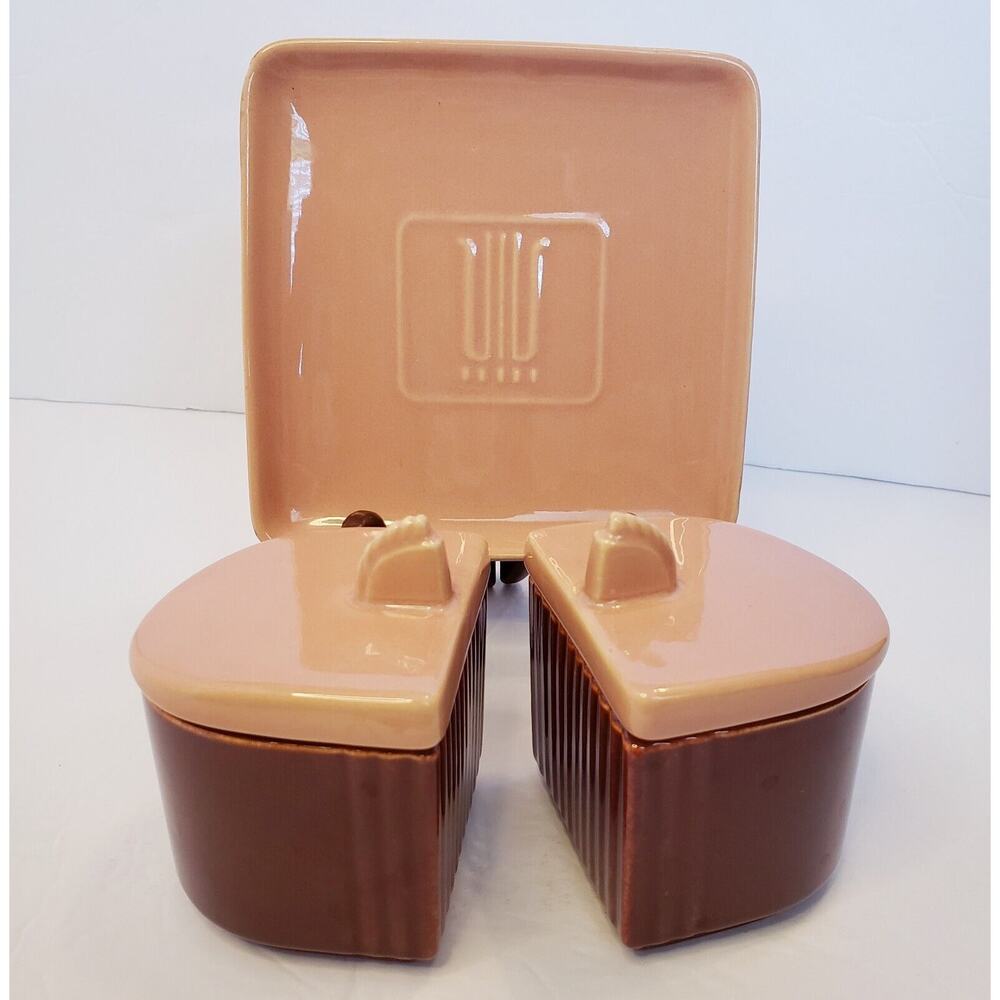 Vintage Art Deco Franciscan Ware Condiment Jars w/ Lids Underplate Pink & Maroon